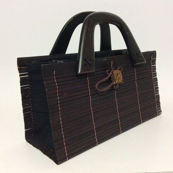 Womens Handmade Bamboo Handbag Wood Handles Loop Button Closure Brown - Picture 7 of 12